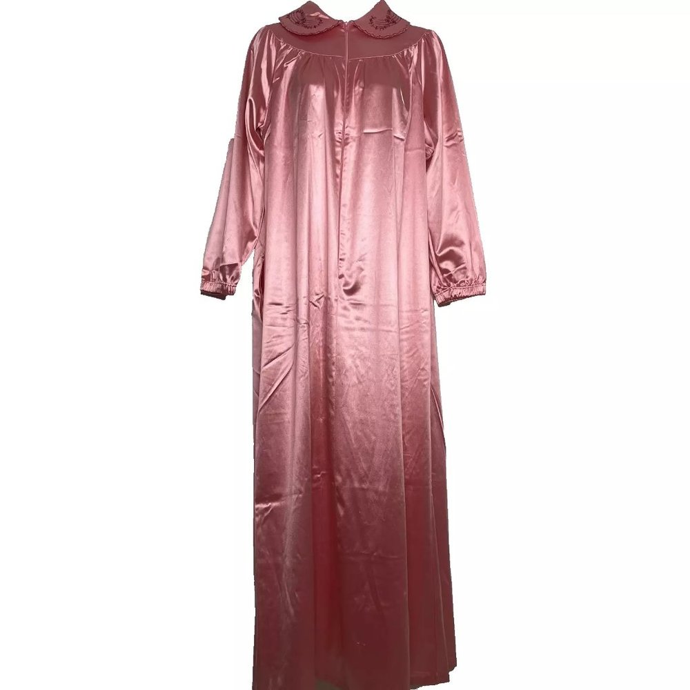 Vintage 80s Julie Girl Pink Satin 3/4 Zip Dressing Gown Housecoat Robe